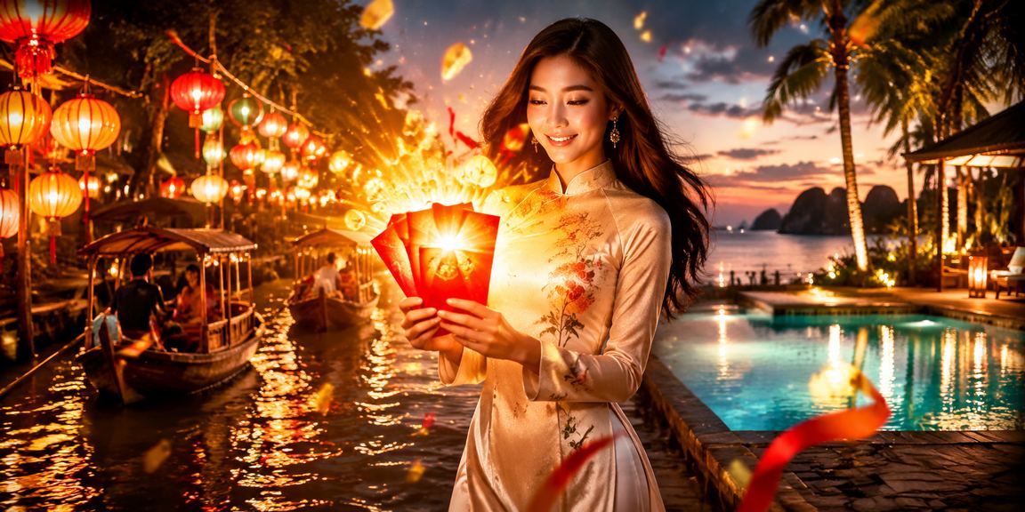 Phong bì đỏ may mắn tại chợ đêm vùng Mekong – biểu tượng thưởng và khuyến mãi dịp lễ